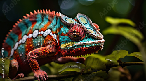 A chameleon camouflaged on a leaf in a tropical