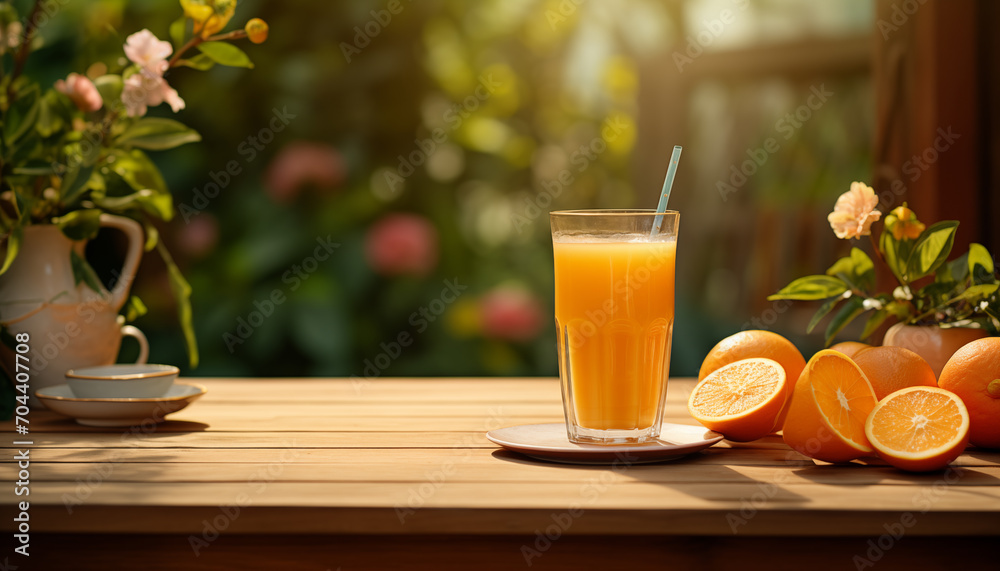 glass of fresh orange juice on a wooden tabletop with oranges. glass of fresh orange juice on a wooden tabletop with oranges.