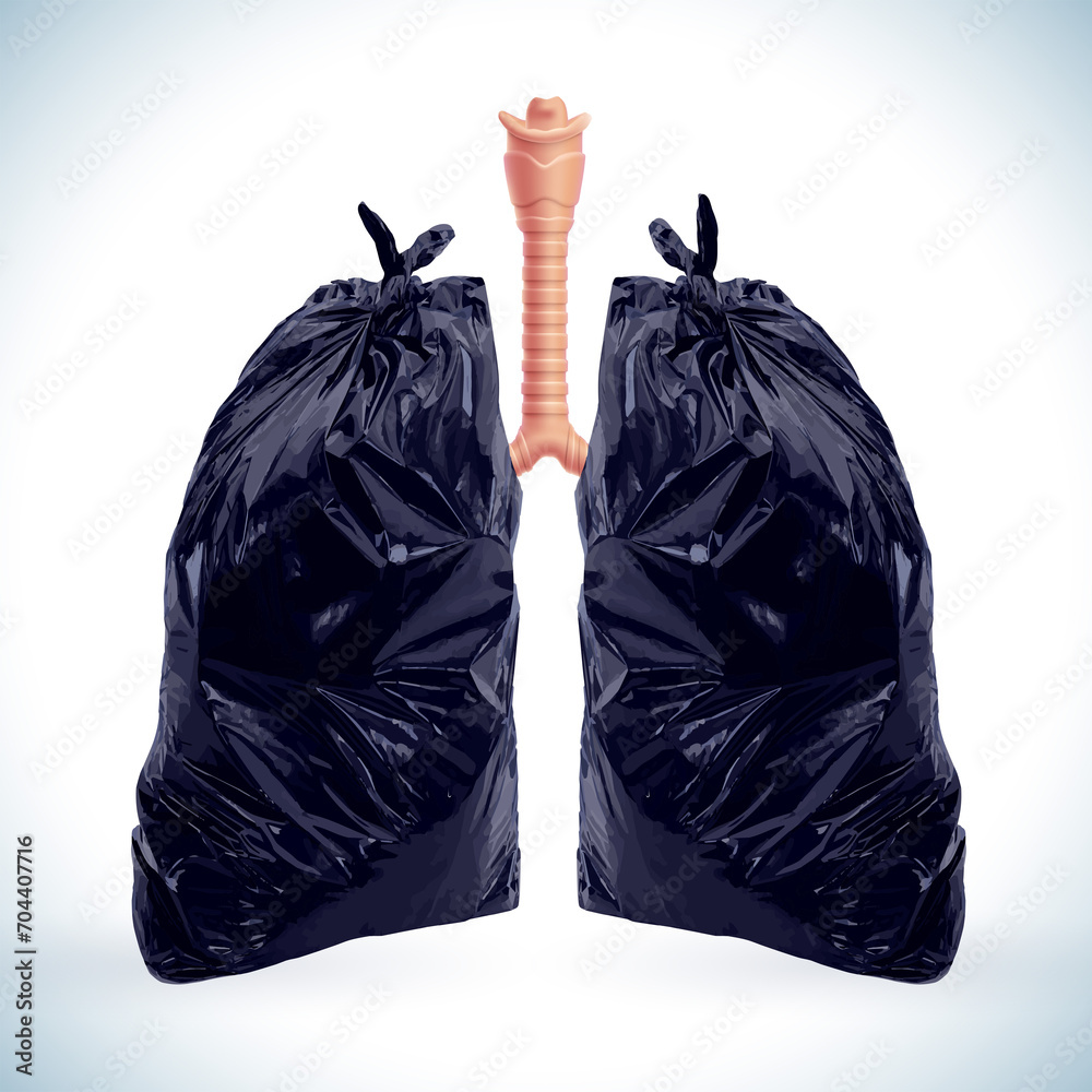 3D illustration of two garbage bags can be compared to the lungs of an unhealthy person with the lungs of a patient with a serious illness. Used in medicine, in advertising and commerce.