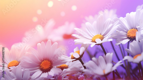 A dreamy field of daisies with a gradient of purple and pink hues under a soft  magical light.