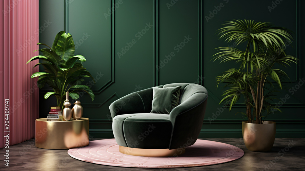 A modern living room with a dark green wall
