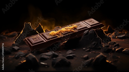 An atmospheric image of a Toblerone Dark Chocolate barhighlighting the rich cocoa flavor and the distinctive honey and almond crunchset against a dark background. photo