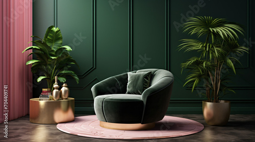 A modern living room with a dark green wall