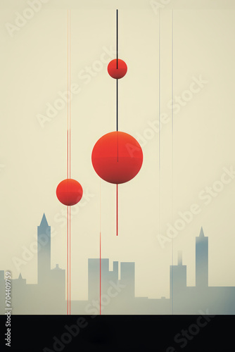 an abstract geometric minimalistic poster drawing collage of several blue and red circles and rectangles on an off-white background creating a city skyline, vertical