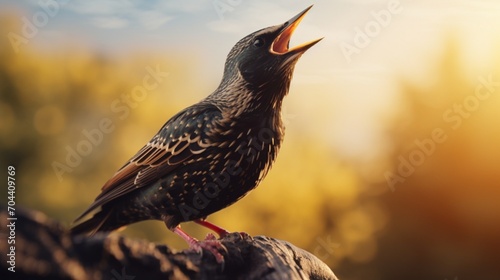 A Common Starling in mid-song, its beak open wide, belting out a melodious tune, its throat feathers puffed up with the effort. photo