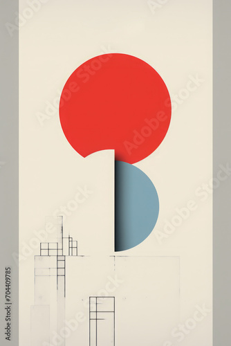 an abstract geometric minimalistic poster drawing collage of several blue and red circles and rectangles on an off-white background creating a city skyline, vertical