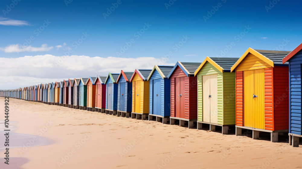 A row of colorful beach huts with a blue sky