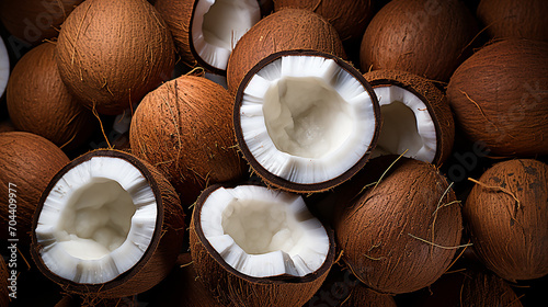 Fresh open coconut for sale on street market, dark baackground