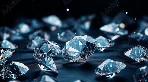 a macro close-up image of many precious stones diamonds or similar zirconia fianit on black background filling the frame. photo
