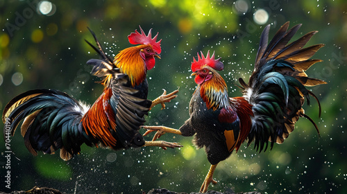 Two roosters are fighting each other