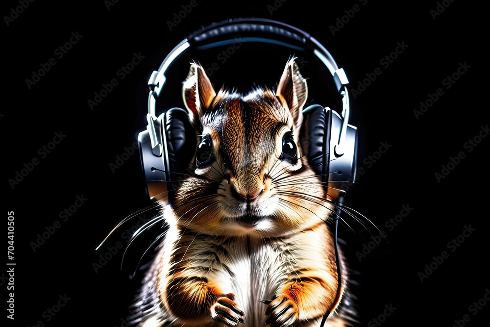 Chipmunk wearing headphones isolated on black background. Listen to music. Cover for design of music releases, albums and advertising. Music lover background. DJ concept.