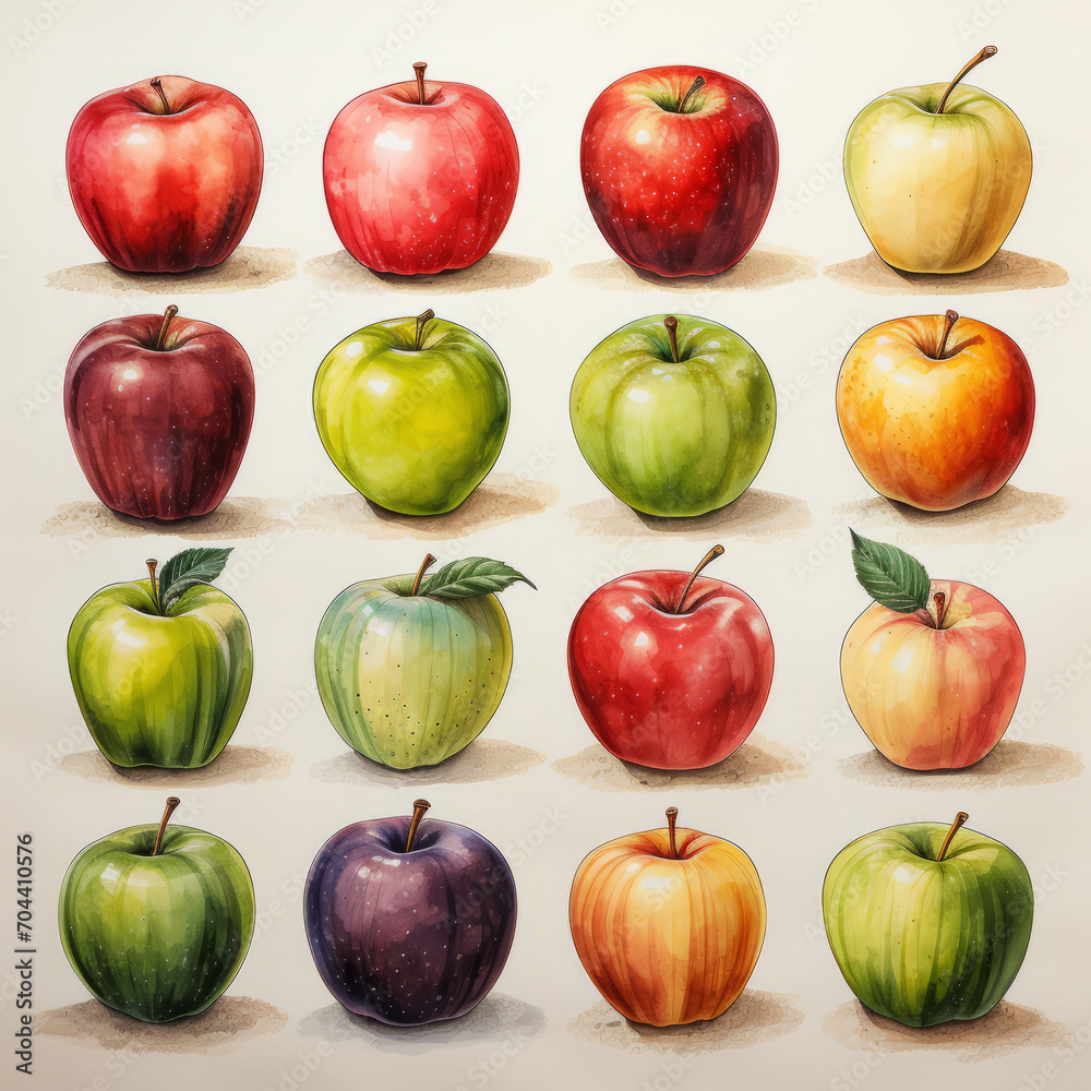Apples of different colors and varieties on a white background, watercolor, advertising, wallpaper Apples of different colors and varieties on a white background, watercolor, advertising, wallpaper