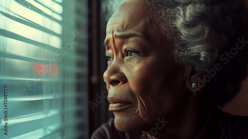 Senior woman gazing through the window with a distant and melancholic expression photo