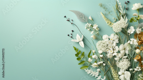Elegant white and green floral arrangement with diverse textures against a soft pastel blue background.