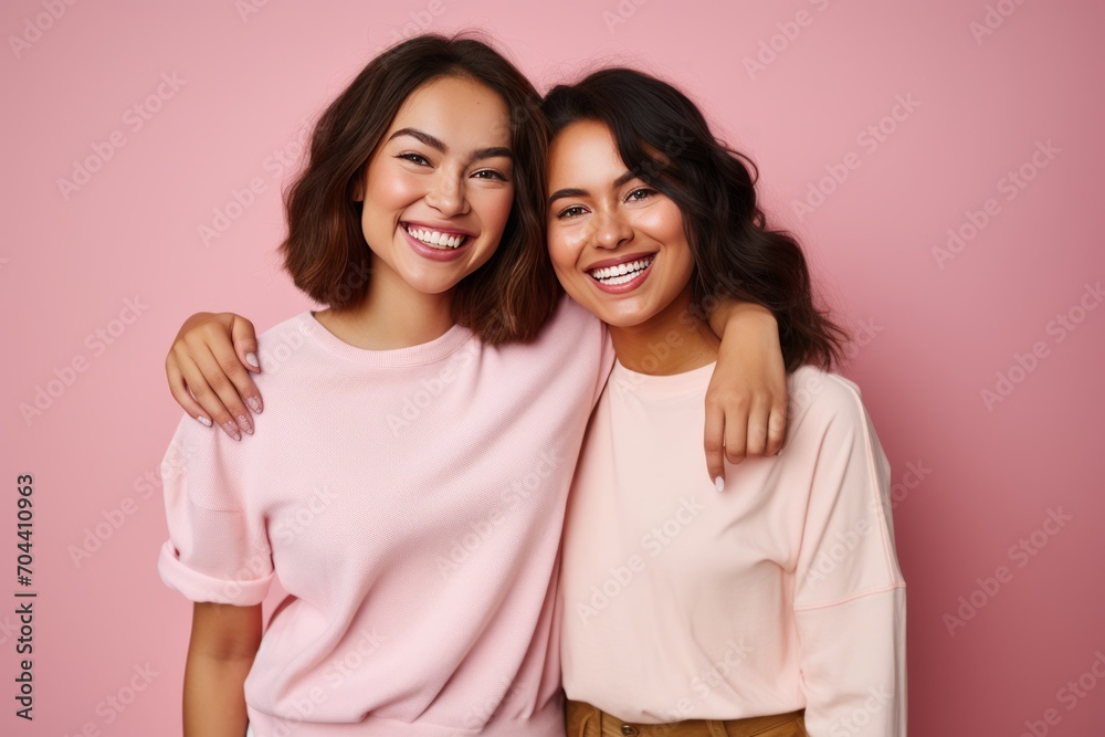 a clean studio lifestyle advertisement portrait of two young female teenage friends or sisters with brown hair in pastel clothes smiling into the camera on pink seamless background a clean studio lifestyle advertisement portrait of two young female teenage friends or sisters with brown hair in pastel clothes smiling into the camera on pink seamless background