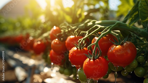 Close-up of ripe tomatoes growing in a greenhouse