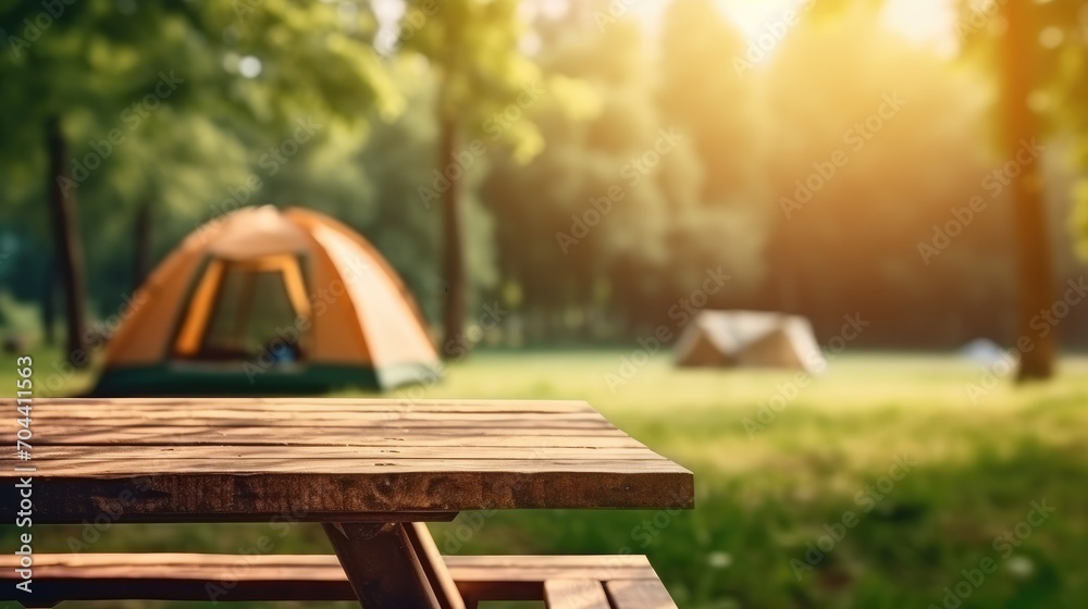 Travel and camping adventure lifestyle with outdoor tent and wood table - obrazy, fototapety, plakaty 