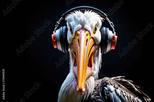 Pelican wearing headphones isolated on black background. Listen to music. Cover for design of music releases, albums and advertising. Music lover background. DJ concept.
