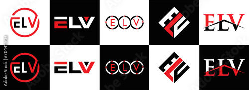 ELV logo. E L V design. White ELV letter. ELV, E L V letter logo design. Initial letter ELV letter logo set, linked circle uppercase monogram logo. E L V letter logo vector design. photo