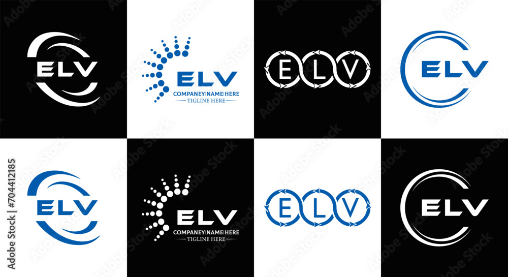 ELV logo. E L V design. White ELV letter. ELV, E L V letter logo design. Initial letter ELV letter logo set, linked circle uppercase monogram logo. E L V letter logo vector design.