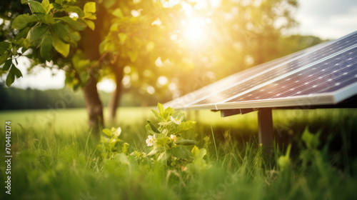 Solar panels installed in a green field with a background of trees and the warm glow of sunset.
