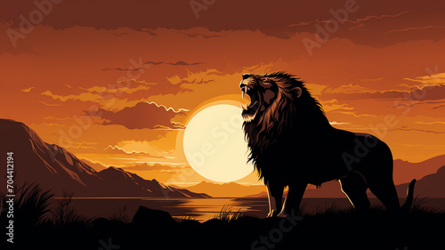 Silhouette of lion at sunset background