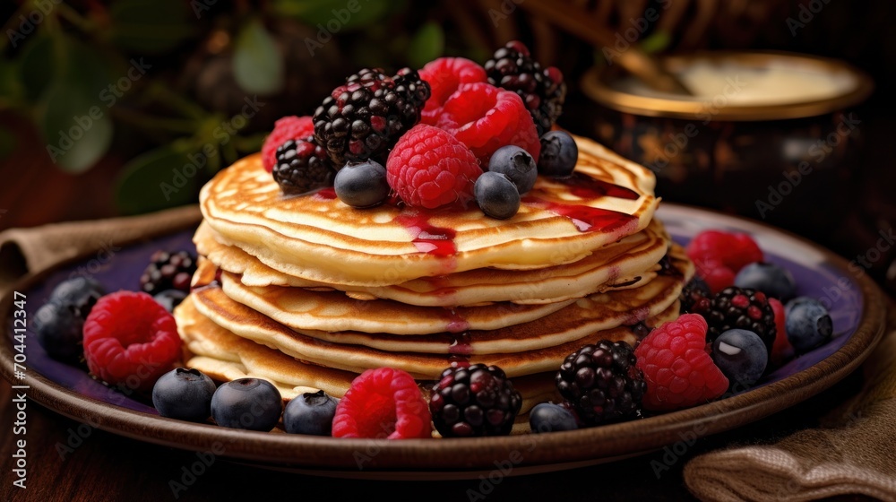 Appetizing pancakes with jam and fresh berries Appetizing pancakes with jam and fresh berries