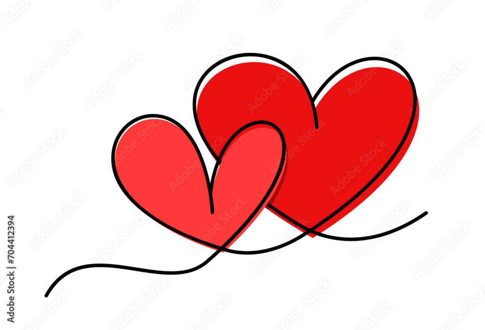 Two red hearts continuous wavy line art drawing on white background. Two red hearts continuous wavy line art drawing on white background.