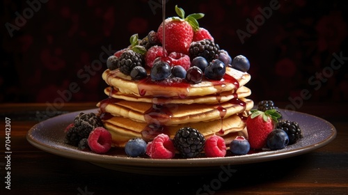 Appetizing pancakes with jam and fresh berries