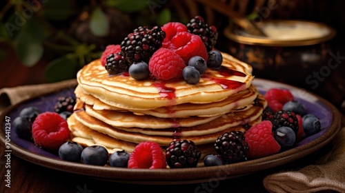 Appetizing pancakes with jam and fresh berries