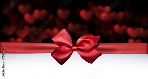 Horizontal red banner with defocused blurred hearts with satin bow.