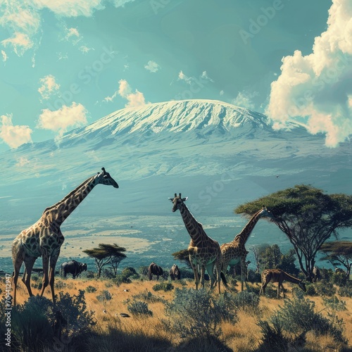 A stunning landscape captures the majesty of giraffes and zebras standing tall amidst a sea of grass  with a distant mountain and cloudy sky adding to the wild and untamed beauty of this terrestrial 