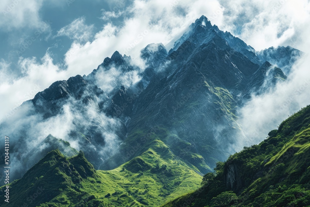 Obraz premium Layers of misty clouds dance above the rugged peaks of the alpine massif, creating a breathtaking landscape of untamed beauty and serenity
