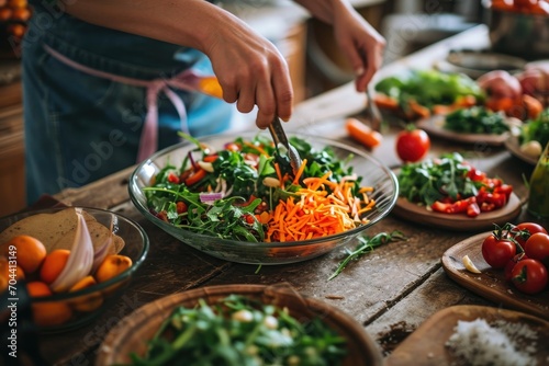 A health-conscious individual carefully crafts a colorful and nutritious salad using locally sourced produce and superfoods, showcasing their dedication to a wholesome and plant-based diet