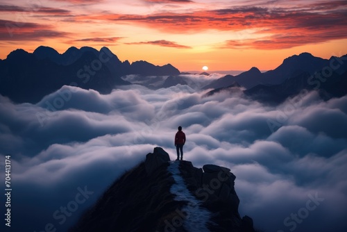 Amidst the shifting clouds, a lone hiker gazes at the ever-changing sky from atop a rugged mountain, basking in the beauty of nature's breathtaking canvas