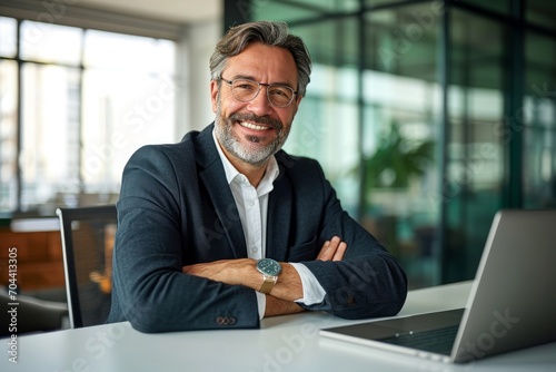 Smiling mature business man of middle age, confident entrepreneur or bank manager, 50 years old executive, mid aged businessman investor trader, male lawyer sitting at work desk, Generative AI  photo