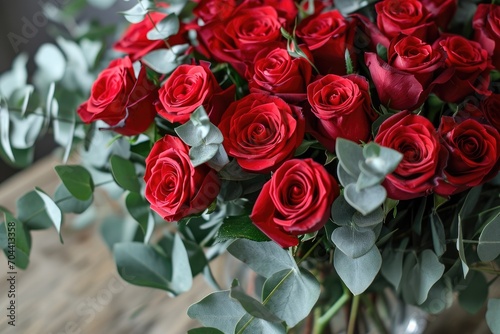A vibrant bouquet of freshly cut red roses  carefully arranged with delicate petals and lush green leaves  brings the beauty of a garden indoors