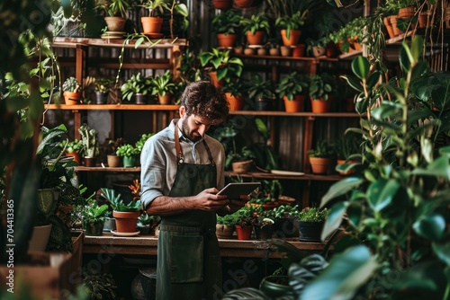 A gardener, dressed in a green apron, tends to his houseplants while sitting in an outdoor greenhouse, as a woman admires the lush plants in flowerpots behind him
