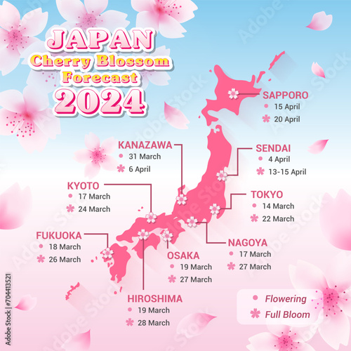 Japan Cherry Blossom Forecast 2024 vector illustration. Map of Japan with Sakura flowers