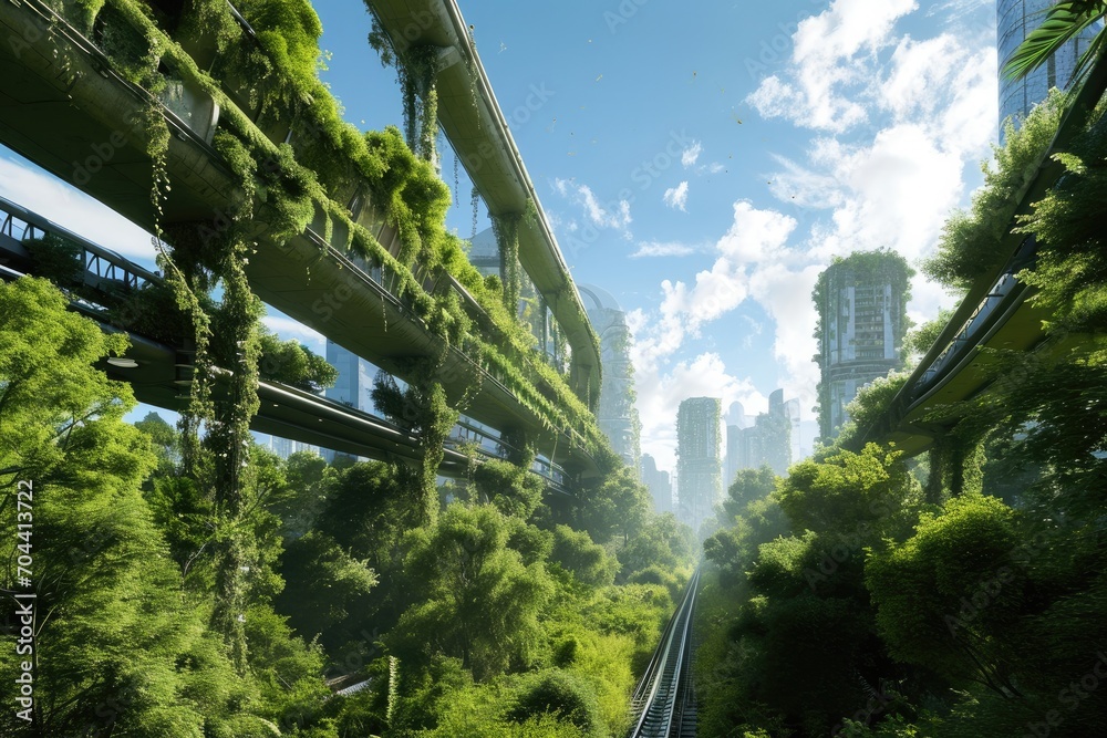 Naklejka premium A tranquil oasis of green life thrives on a bridge, connecting the beauty of nature to the journey of travel