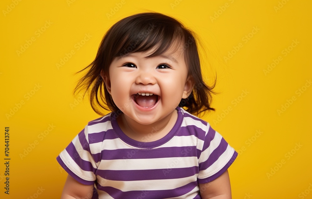 A happy toddler girl with brown hair wearing a purple and white striped shirt is sitting against a yellow background A happy toddler girl with brown hair wearing a purple and white striped shirt is sitting against a yellow background