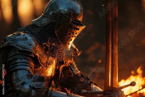 A fiery warrior emerges from the heat of battle, their sword ablaze as they stand before a crackling outdoor fireplace, ready to face their next opponent photo