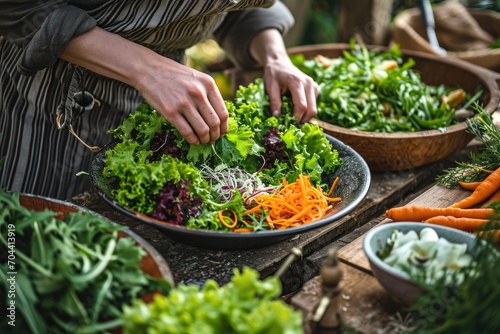 A woman in outdoor market proudly displays her bowl of fresh produce, showcasing her commitment to vegan nutrition and support for local food, as she delicately cuts into a vibrant carrot, surrounded