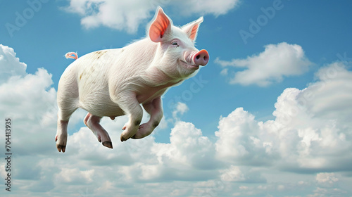 Under the blue sky and white clouds, a pig floats in the air photo