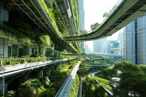 An idyllic metropolis, lush with verdant foliage and modern structures, intertwined by a bustling network of roads and pathways