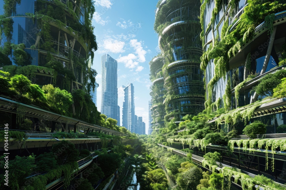Obraz premium A bustling metropolis, framed by the endless expanse of the sky and dotted with towering skyscrapers and lush trees, beckons travelers to explore its captivating cityscape