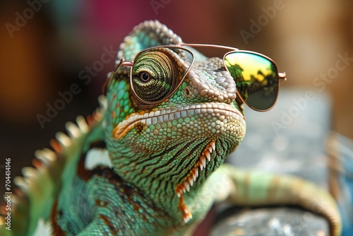 A fashionable green iguana basks in the sun  donning a pair of stylish sunglasses to protect its scaly skin