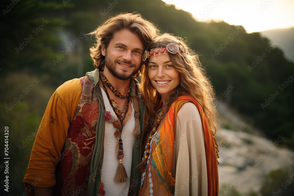 Adult couple at outdoors with hippie cloths