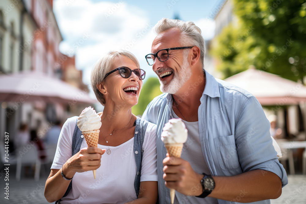 Fototapeta premium Middle aged couple at outdoors with a cornet ice cream