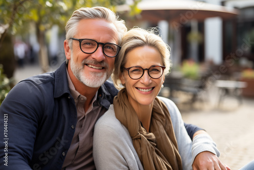 Middle aged couple at outdoors with glasses